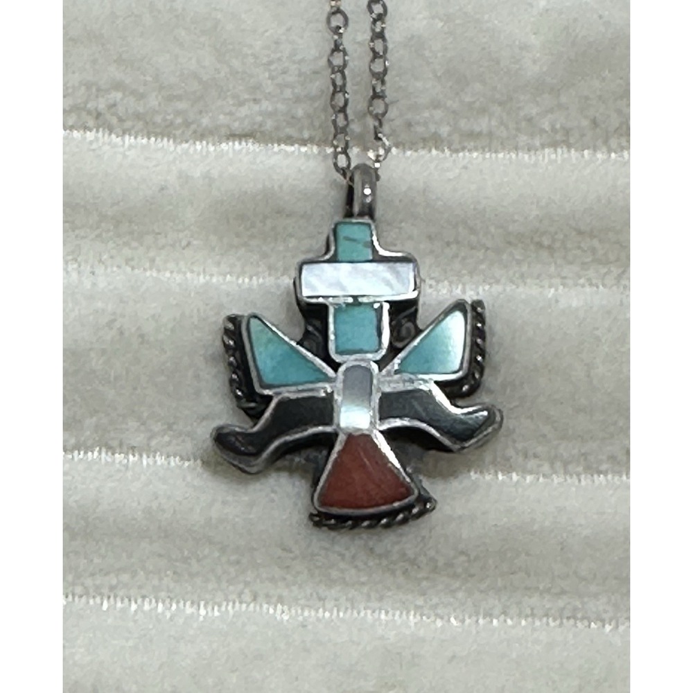 Vintage Sterling Silver Zuni Knifewing Turquoise Onyx Coral MOP Pendant Necklace